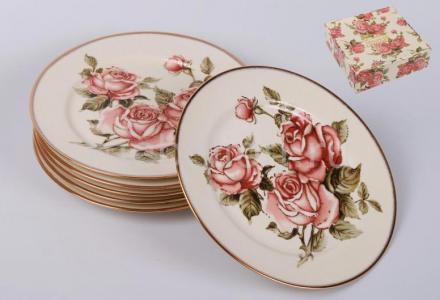 Набор из 6 тарелок плоских Роза 215-062 Hangzhou jinding import and export co. ltd.. Цвет: зеленый, золотой, молочный, розовый